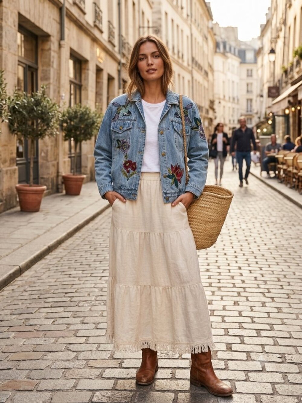 Honey Punch Floral Hummingbird Embroidered Blue Denim Jacket